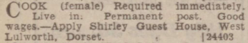 Shirley Guest House needing cook 1945